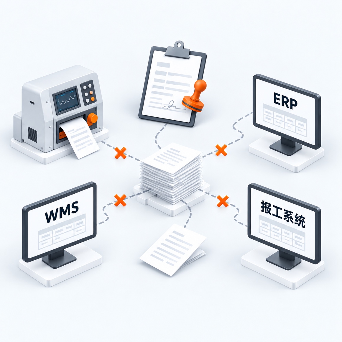 设备、纸质记录与 ERP、WMS、报工系统之间数据互不相通的示意图